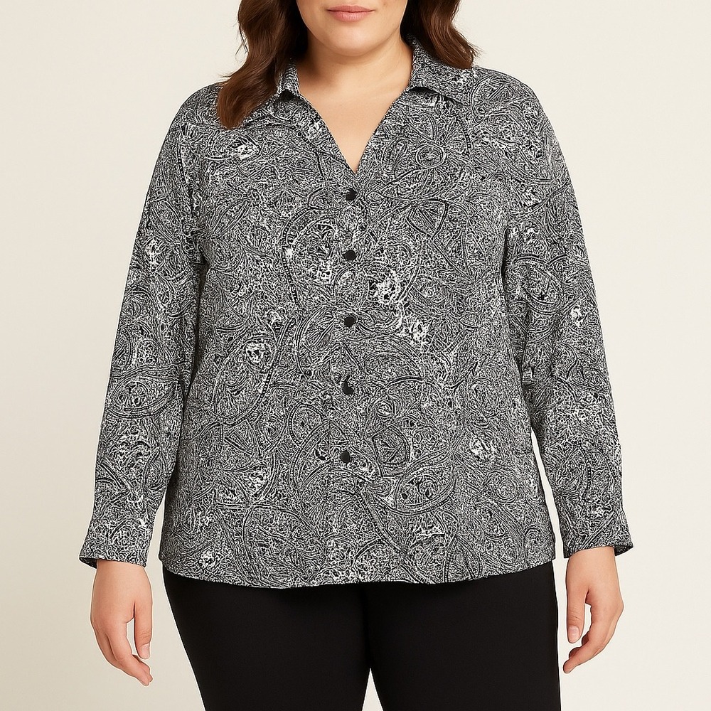 ALFANI WOMAN Black/White Abstract‎ Button-Up Blouse Top 16W V-Neck 100% Cotton